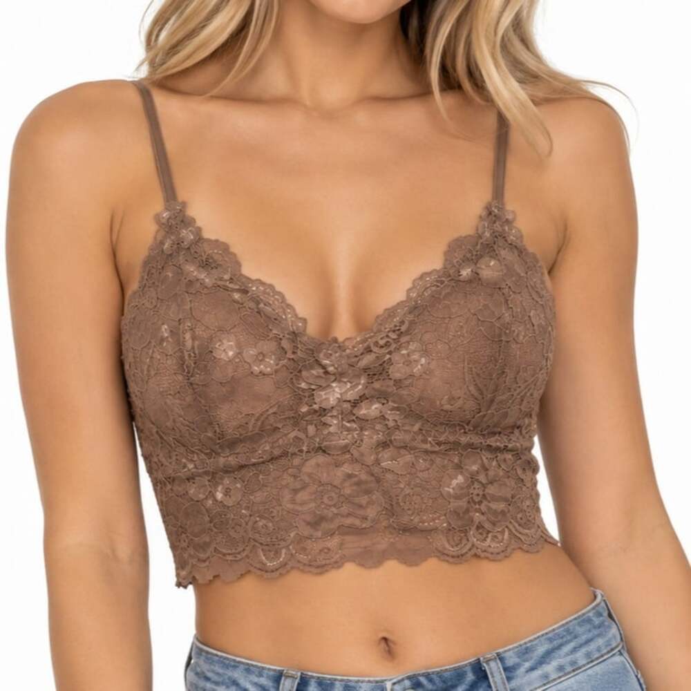 Brown Floral Lace Bralette Crop Top Scalloped Hem V-Neck Cami